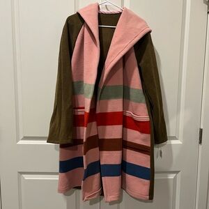 Handmade New Look Pink Hooded Striped Wool-Blend Cape Coat with Olive Sleeves